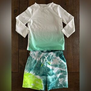 Cat & Jack Green and White Swim Trunks and Rashguard